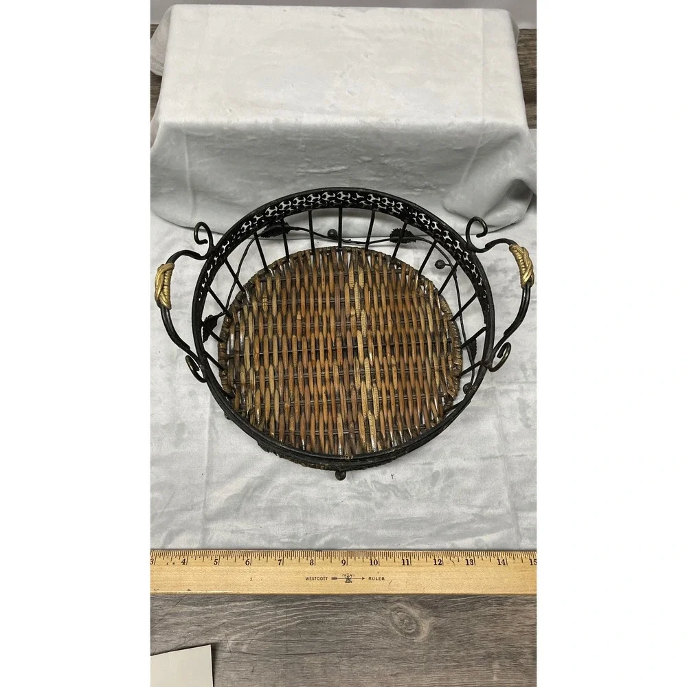 Wrought Iron and‎ Wicker Round Decorative Basket with Handles Leaf Accents Black